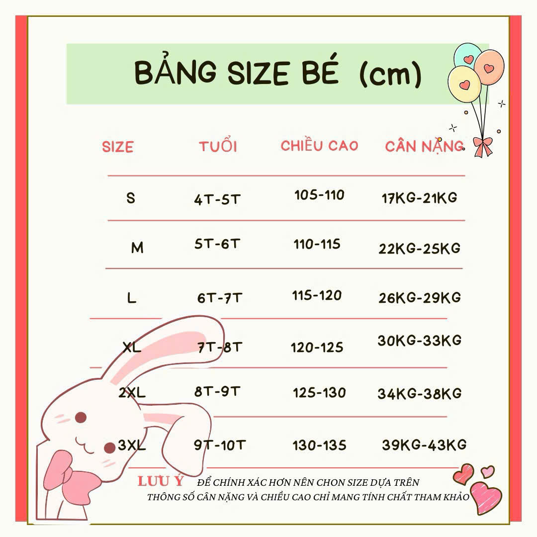 bảng size quần áo trẻ em