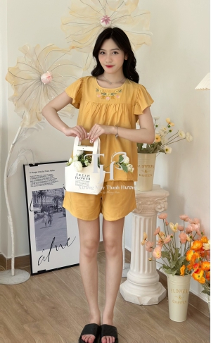 Bộ tole đùi cánh tiên màu, thêu bông cổ