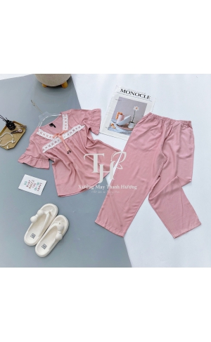 Bộ tole lụa Hàn Quốc quần dài tay lở cổ tim ren luồng ruy băng