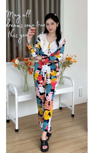 Bộ tole Quần 9 tấc, áo dài, cổ đính ren