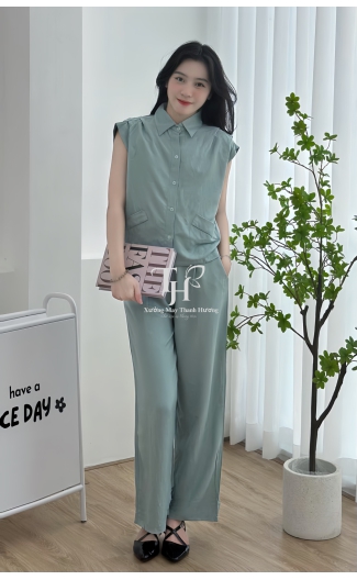 Bộ tole quần dài, áo sát nách, cổ sơ mi, nút cài, 2 túi hông