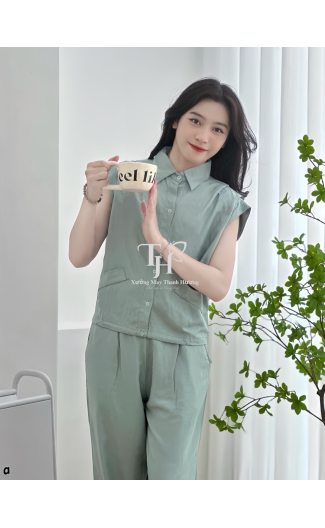 Bộ tole quần dài, áo sát nách, cổ sơ mi, nút cài, 2 túi hông