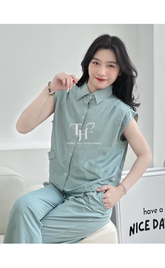 Bộ tole quần dài, áo sát nách, cổ sơ mi, nút cài, 2 túi hông