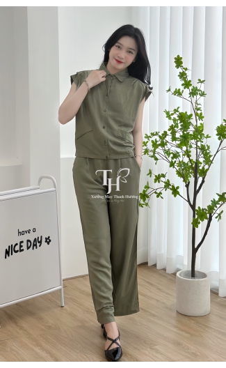 Bộ tole quần dài, áo sát nách, cổ sơ mi, nút cài, 2 túi hông