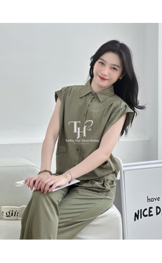 Bộ tole quần dài, áo sát nách, cổ sơ mi, nút cài, 2 túi hông