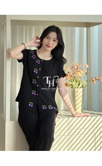 Bộ tole QDTN màu, cổ tròn, thêu cherry A1