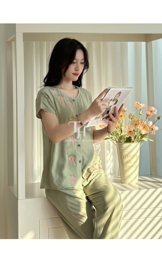 Bộ tole QDTN màu, cổ tròn, thêu cherry A2