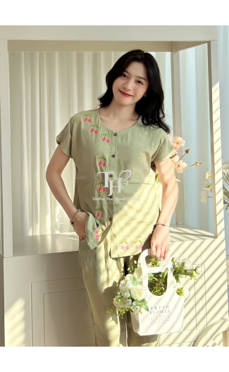 Bộ tole QDTN màu, cổ tròn, thêu cherry A2